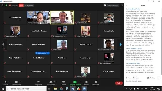Sesión de un webinar de Sinergia por Zoom con los participantes conectados